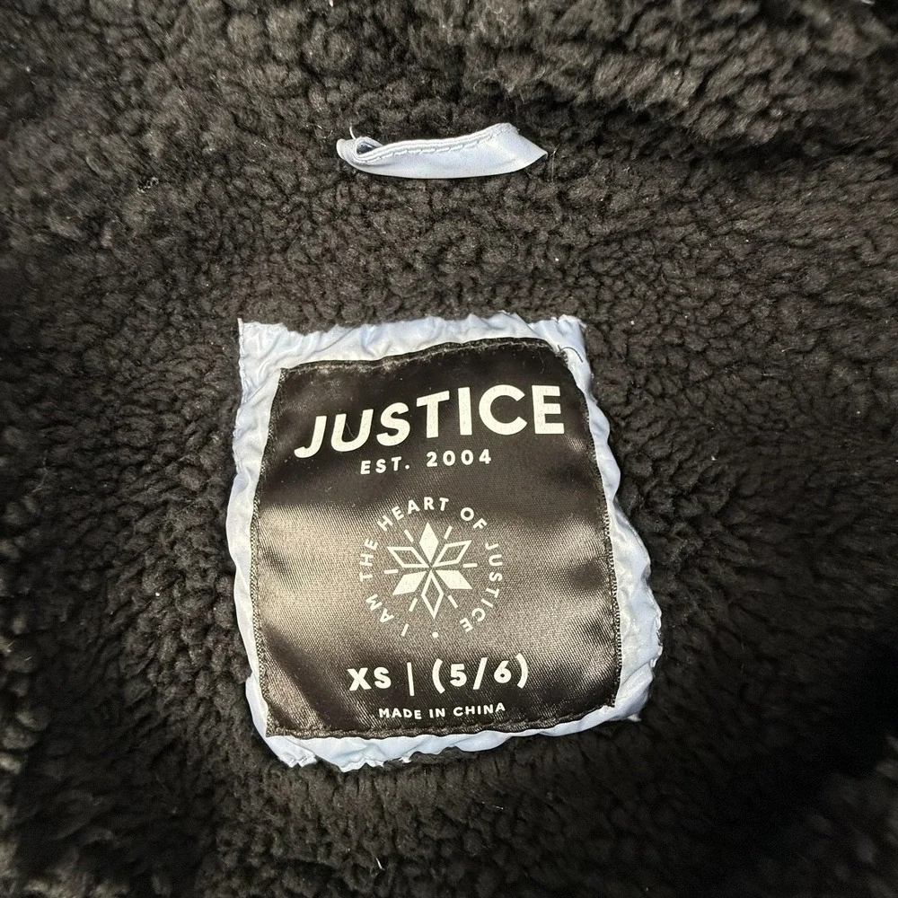 Justice Puffer Jacket Girls XS 5/6 Blue Hooded Sherpa‎ Lined Winter Coat Zip